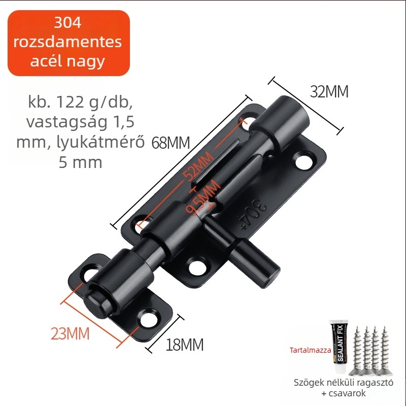 F-típusú retesz ajtózár, 304 rozsdamentes acélból, brushed felület, stílus Style latch, bal-jobb szerelhető fa ajtókhoz