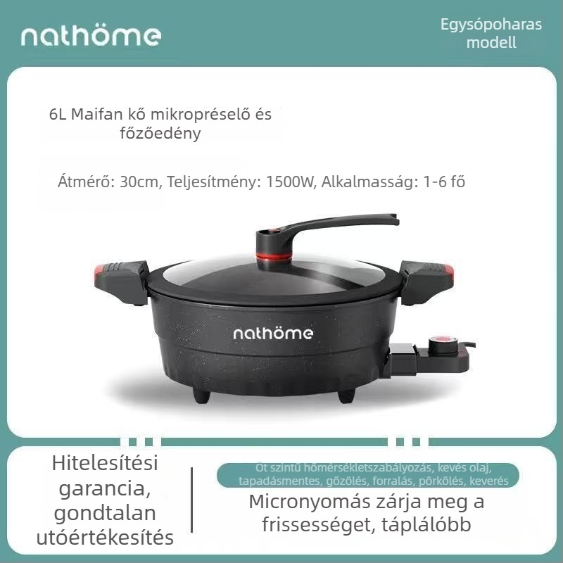 Elektros, többfunkciós főzőedény tapadásmentes bevonattal és üvegfedővel, 1400W, 220V, alumínium ötvözet