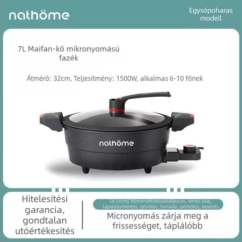Elektros, többfunkciós főzőedény tapadásmentes bevonattal és üvegfedővel, 1400W, 220V, alumínium ötvözet