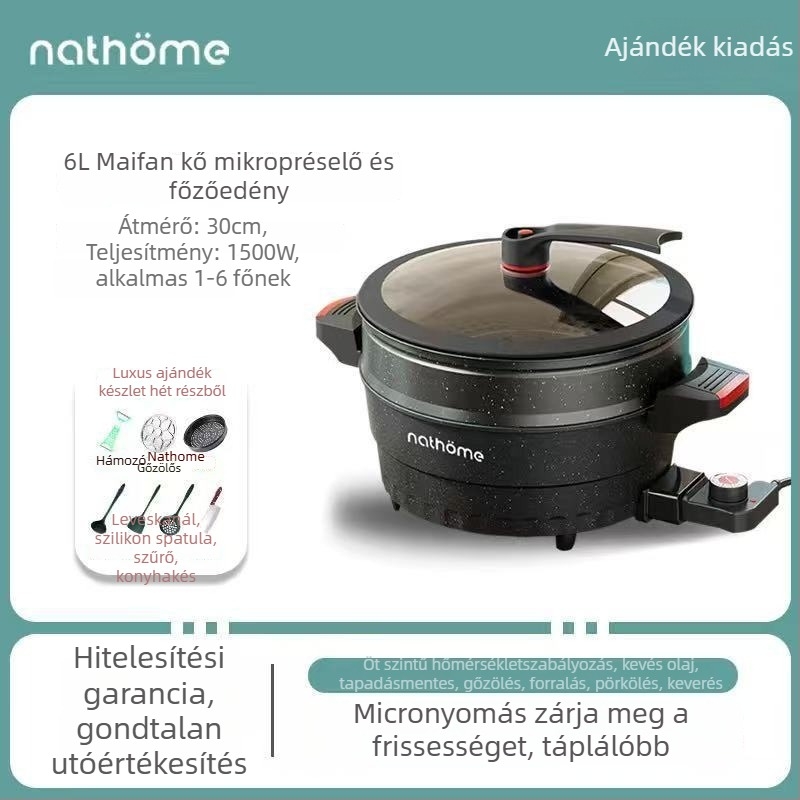Elektros, többfunkciós főzőedény tapadásmentes bevonattal és üvegfedővel, 1400W, 220V, alumínium ötvözet