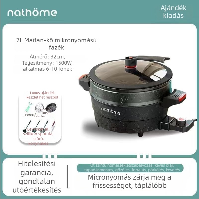 Elektros, többfunkciós főzőedény tapadásmentes bevonattal és üvegfedővel, 1400W, 220V, alumínium ötvözet