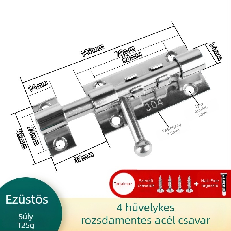 304 rozsdamentes acél ajtózár fa ajtókhoz és ablakokhoz, felületre szerelt, balra és jobbra
