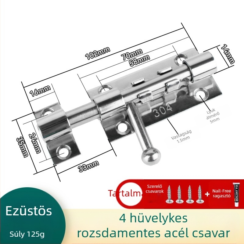 304 rozsdamentes acél ajtózár fa ajtókhoz és ablakokhoz, felületre szerelt, balra és jobbra