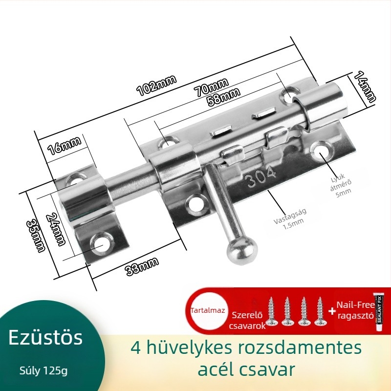 304 rozsdamentes acél ajtózár fa ajtókhoz és ablakokhoz, felületre szerelt, balra és jobbra