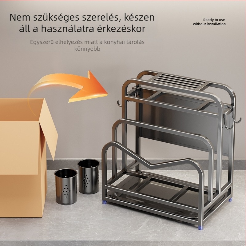 Rozsdamentes acélból készült késtartó és falra szerelhető konyhai tároló, fedők és vágódeszkák számára, vastagított dizájn, modern stílus