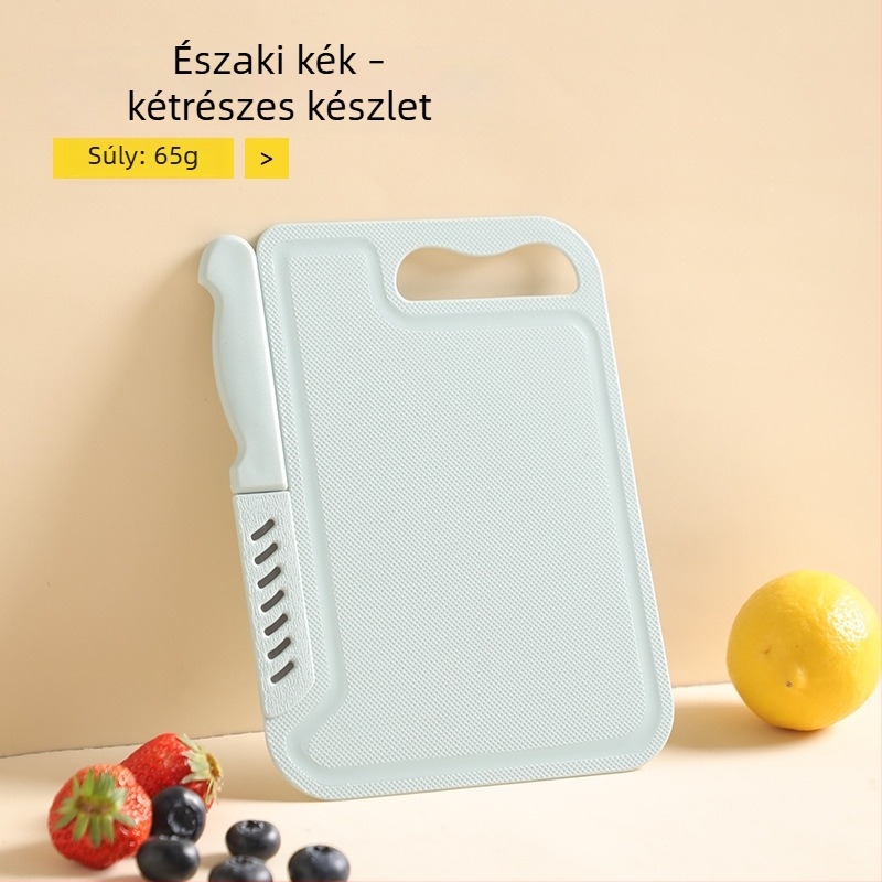 Két az egyben konyhai kés és vágódeszka készlet: zöldség kés, hús szeletelő kés és gyümölcs kés.