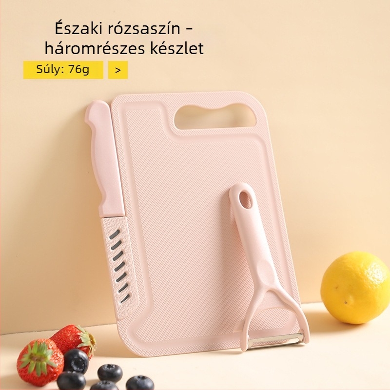 Két az egyben konyhai kés és vágódeszka készlet: zöldség kés, hús szeletelő kés és gyümölcs kés.