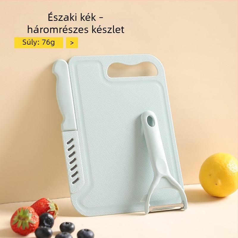 Két az egyben konyhai kés és vágódeszka készlet: zöldség kés, hús szeletelő kés és gyümölcs kés.