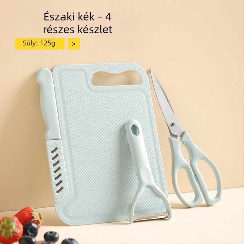 Két az egyben konyhai kés és vágódeszka készlet: zöldség kés, hús szeletelő kés és gyümölcs kés.