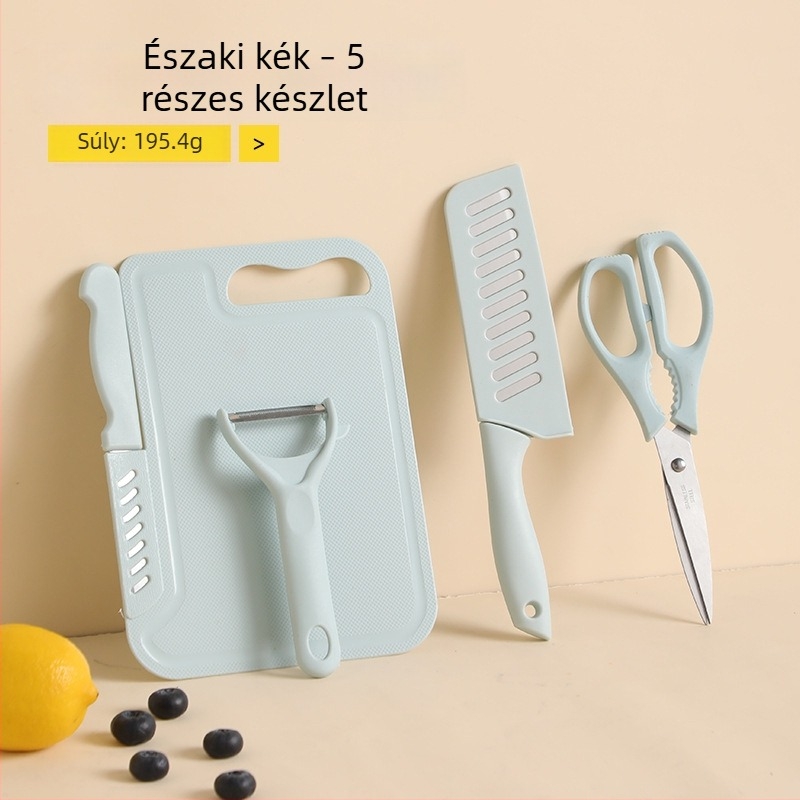 Két az egyben konyhai kés és vágódeszka készlet: zöldség kés, hús szeletelő kés és gyümölcs kés.