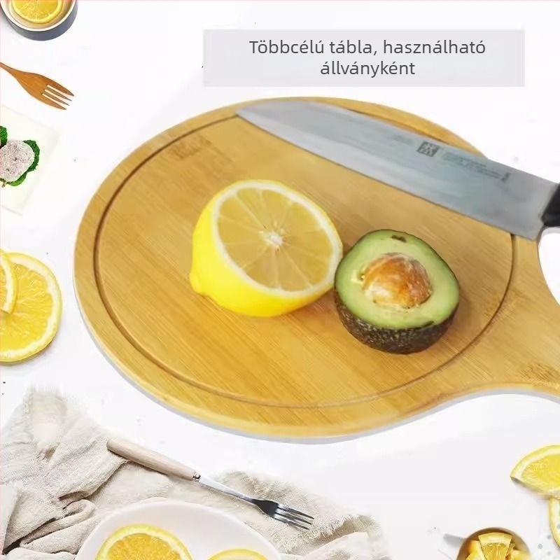 Bambuszból készült kör alakú pizza tál, japán stílus, egyszínű felület, étolaj bevonattal