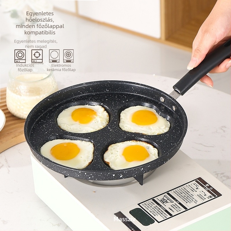 Tapadásmentes serpenyő bakelit fogantyúval, többlyukas forma tojásokhoz/omletthez/palacsintához/burgerekhez – sík aljzat (modell: 2 kör, 2 szív, négyzet 4 kör)