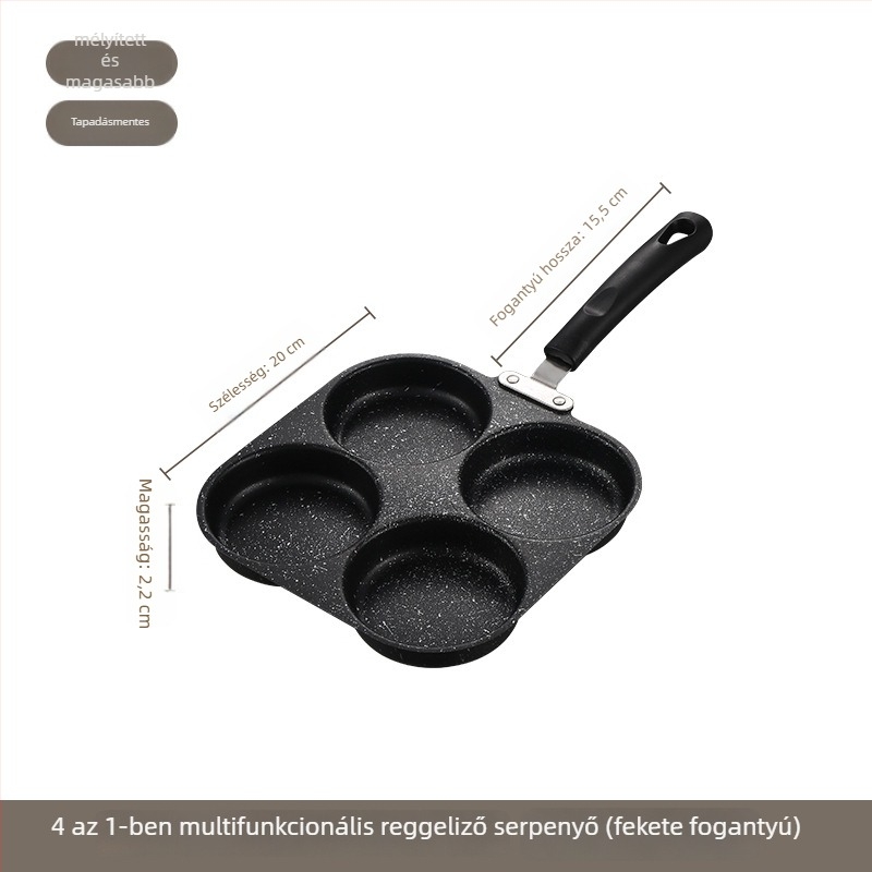 Tapadásmentes serpenyő bakelit fogantyúval, többlyukas forma tojásokhoz/omletthez/palacsintához/burgerekhez – sík aljzat (modell: 2 kör, 2 szív, négyzet 4 kör)