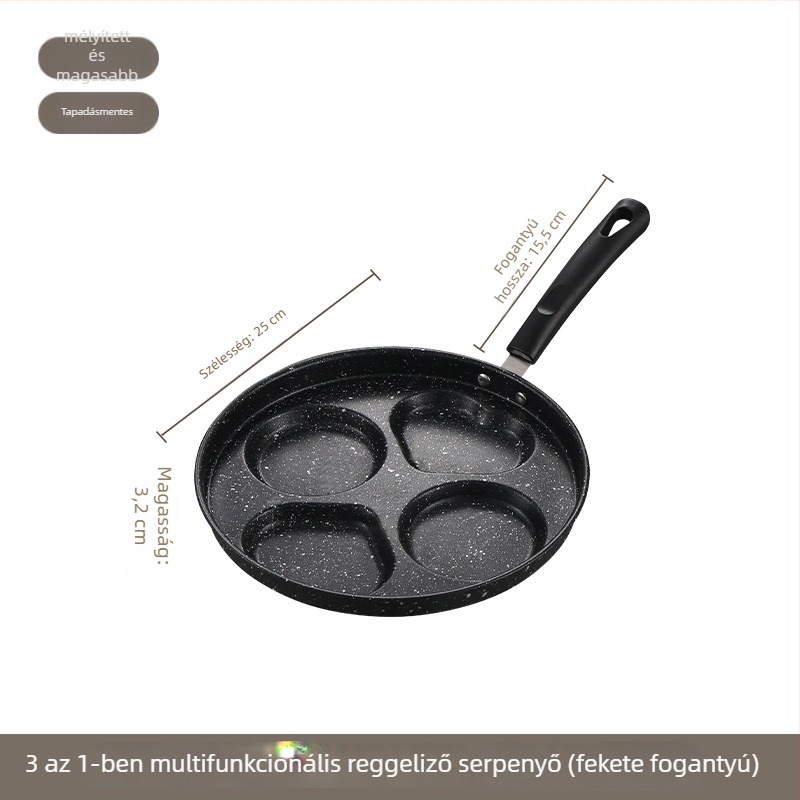 Tapadásmentes serpenyő bakelit fogantyúval, többlyukas forma tojásokhoz/omletthez/palacsintához/burgerekhez – sík aljzat (modell: 2 kör, 2 szív, négyzet 4 kör)