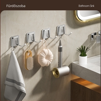 Rozsdamentes acél falikampó fúrás nélkül – fürdőszoba és konyha, öntapadós szerelés, modern letisztult dizájn, fényes felület, súly 0.2 kg