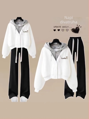 Női két részes szett kapucnis pulóverrel és egyenes/ széles szárú nadrággal; poliészter 90–95%; őszi 2024