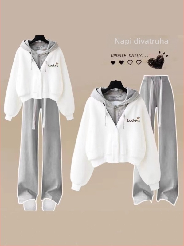 Női két részes szett kapucnis pulóverrel és egyenes/ széles szárú nadrággal; poliészter 90–95%; őszi 2024