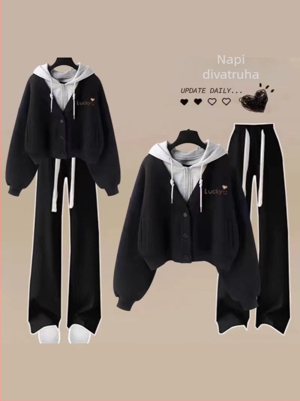 Női két részes szett kapucnis pulóverrel és egyenes/ széles szárú nadrággal; poliészter 90–95%; őszi 2024