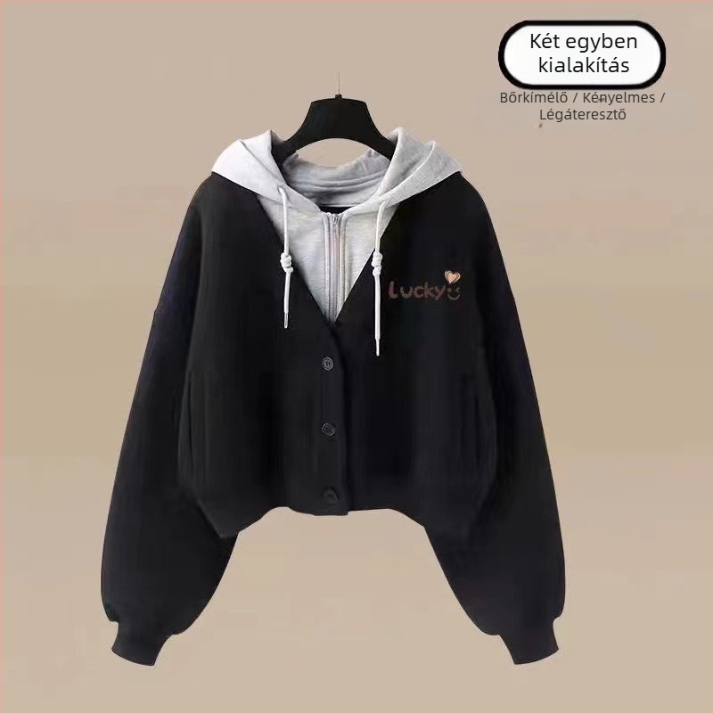 Női két részes szett kapucnis pulóverrel és egyenes/ széles szárú nadrággal; poliészter 90–95%; őszi 2024