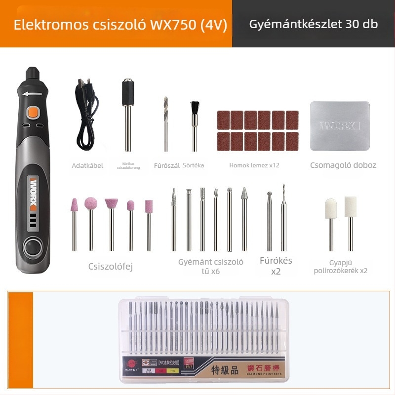 Vezeték nélküli elektromos gravírozó és polírozó csiszoló, újratölthető, 5V tápegység