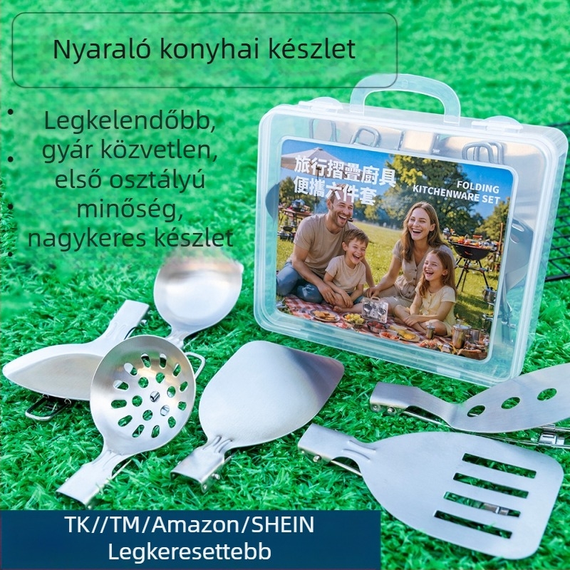Kiskanál és spatula készlet - 304 rozsdamentes acél, összecsukható kempingezéshez, égési védelem, tartós és deformációálló, többfunkciós konyhai eszközök
