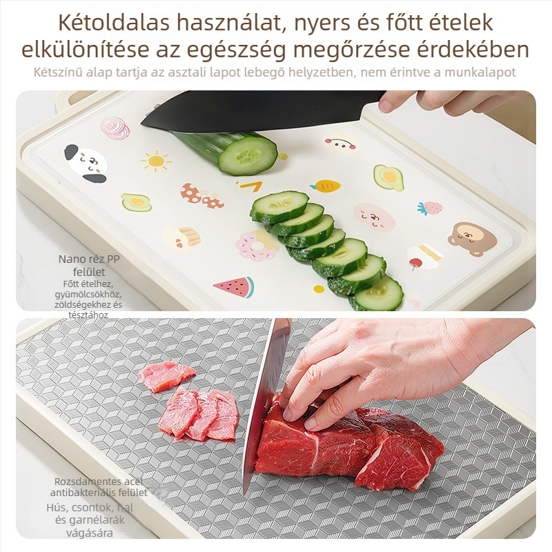 Kétszintes konyhai vágódeszka, élelmiszer-minőségű műanyagból, antibakteriális, penészálló, állványos kivitel, gyümölcsökhöz