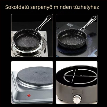 Kovácsoltvasból készült tapadásmentes serpenyő, modell 12.16.18.., egyaránt alkalmas gáz- és indukciós főzőfelületekre, üvegfedéllel