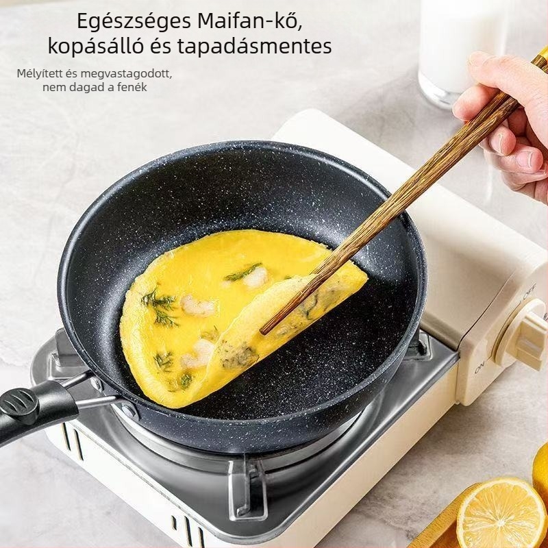 Kovácsoltvasból készült tapadásmentes serpenyő, modell 12.16.18.., egyaránt alkalmas gáz- és indukciós főzőfelületekre, üvegfedéllel