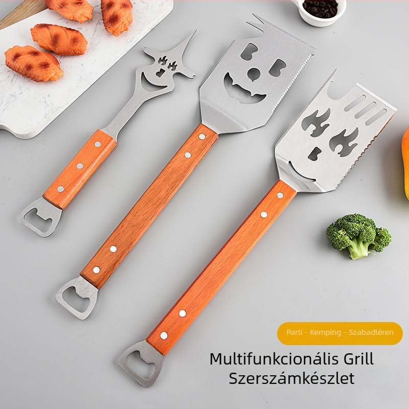 Rozsdamentes acél BBQ eszköz készlet fa nyelű – 3 darab: villa, grilllapát és csipesz