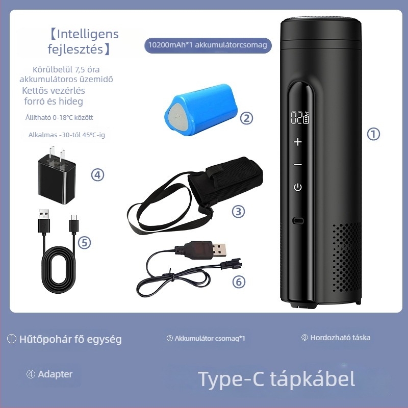 Termoelektrikus járműhűtő, hordozható és újratölthető (térfogat legfeljebb 5 L, teljesítmény 10W, hűtés 2°C-ig, fűtés 18°C-ig)