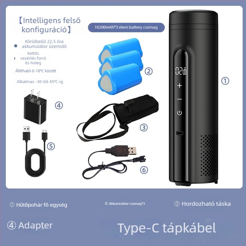 Termoelektrikus járműhűtő, hordozható és újratölthető (térfogat legfeljebb 5 L, teljesítmény 10W, hűtés 2°C-ig, fűtés 18°C-ig)