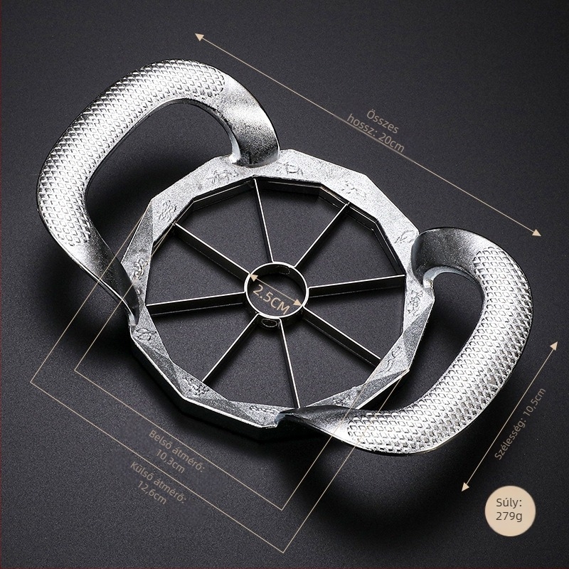 304 rozsdamentes acélból készült almaszeletelő és gyümölcsosztó eszköz, magkihúzóval, logónyomás elérhető