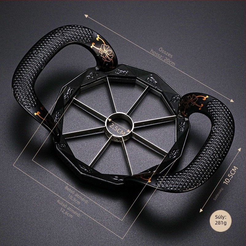 304 rozsdamentes acélból készült almaszeletelő és gyümölcsosztó eszköz, magkihúzóval, logónyomás elérhető