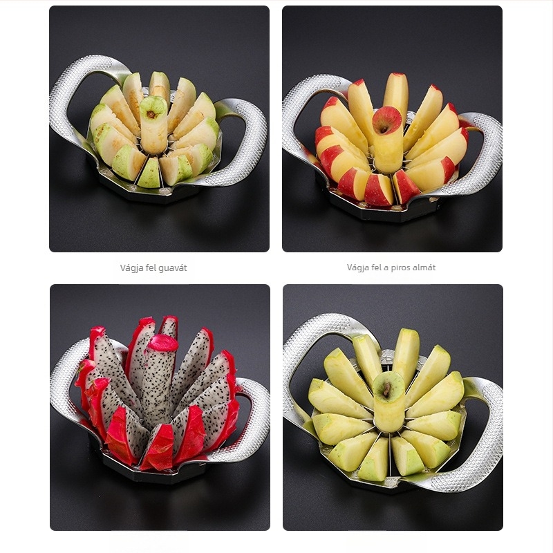 304 rozsdamentes acélból készült almaszeletelő és gyümölcsosztó eszköz, magkihúzóval, logónyomás elérhető