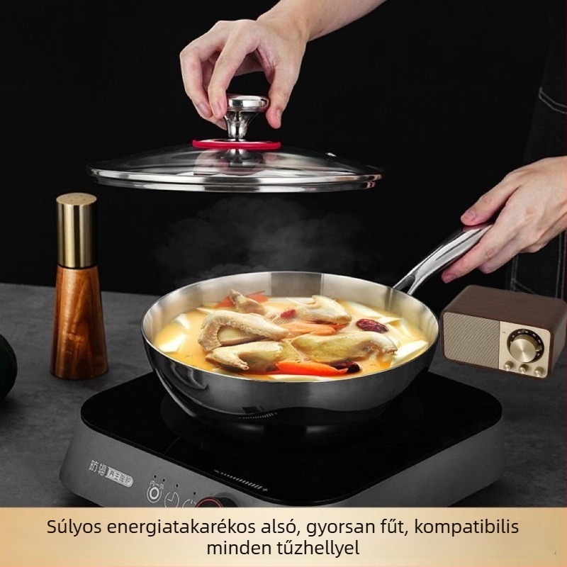 Rozsdamentes acél wok üvegfedővel, bevonat nélkül, háromrétegű alj, minden főzőlaphoz kompatibilis