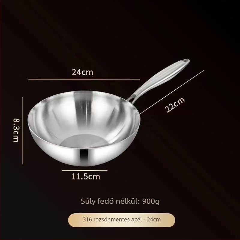Rozsdamentes acél wok üvegfedővel, bevonat nélkül, háromrétegű alj, minden főzőlaphoz kompatibilis