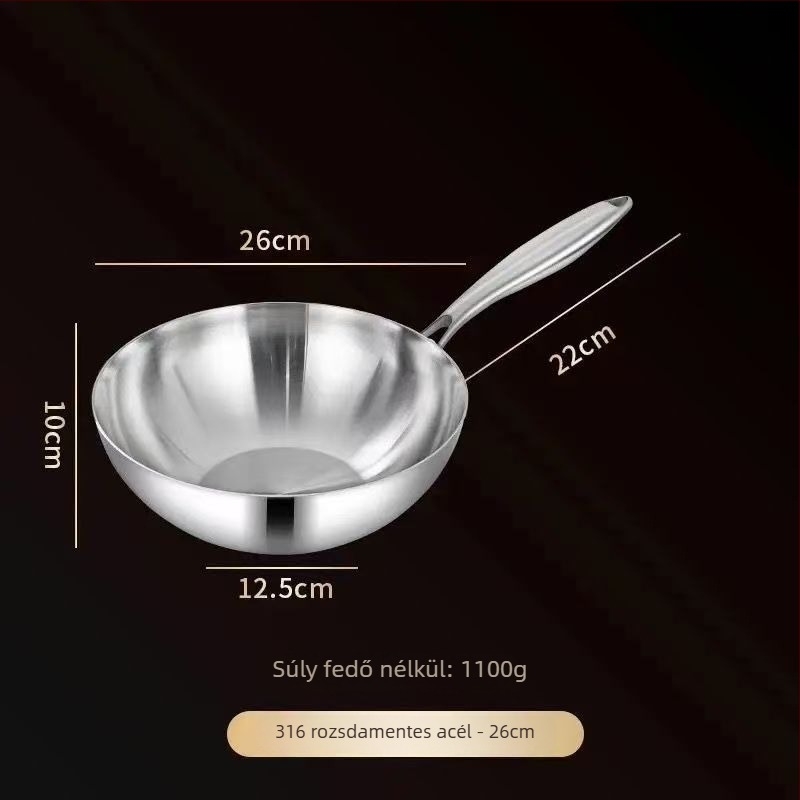 Rozsdamentes acél wok üvegfedővel, bevonat nélkül, háromrétegű alj, minden főzőlaphoz kompatibilis