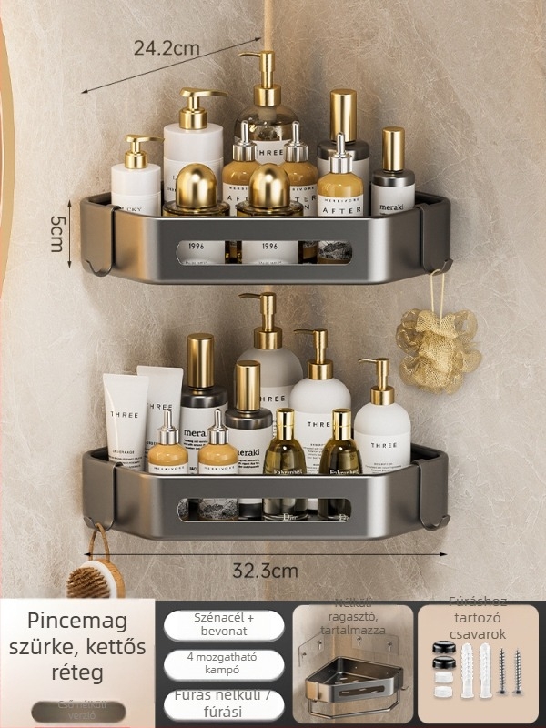 Yijie 6104 Falra szerelt háromszög fürdőszobai tároló, sarokban elhelyezhető, lyukmentes, felület: magas hőmérsékletű lakkozás