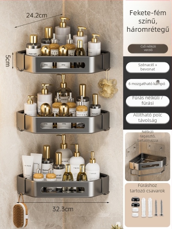 Yijie 6104 Falra szerelt háromszög fürdőszobai tároló, sarokban elhelyezhető, lyukmentes, felület: magas hőmérsékletű lakkozás