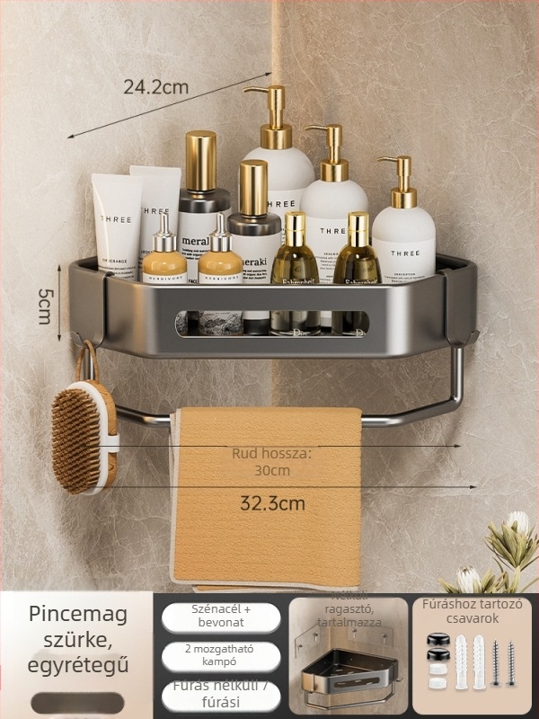 Yijie 6104 Falra szerelt háromszög fürdőszobai tároló, sarokban elhelyezhető, lyukmentes, felület: magas hőmérsékletű lakkozás