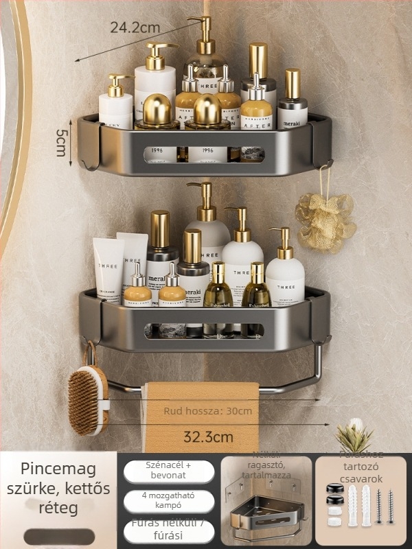 Yijie 6104 Falra szerelt háromszög fürdőszobai tároló, sarokban elhelyezhető, lyukmentes, felület: magas hőmérsékletű lakkozás