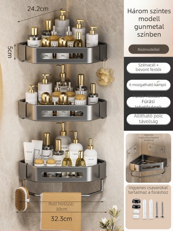 Yijie 6104 Falra szerelt háromszög fürdőszobai tároló, sarokban elhelyezhető, lyukmentes, felület: magas hőmérsékletű lakkozás