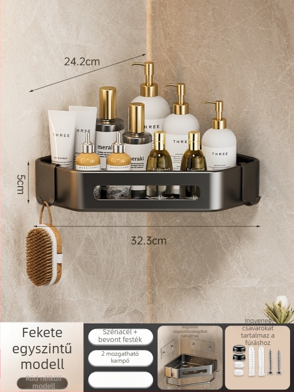 Yijie 6104 Falra szerelt háromszög fürdőszobai tároló, sarokban elhelyezhető, lyukmentes, felület: magas hőmérsékletű lakkozás