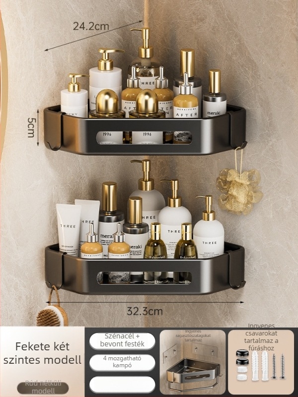 Yijie 6104 Falra szerelt háromszög fürdőszobai tároló, sarokban elhelyezhető, lyukmentes, felület: magas hőmérsékletű lakkozás