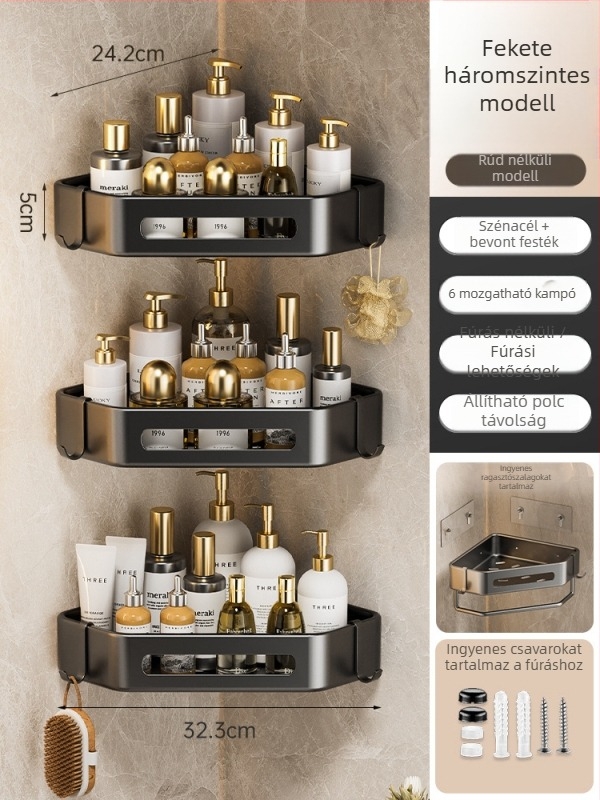 Yijie 6104 Falra szerelt háromszög fürdőszobai tároló, sarokban elhelyezhető, lyukmentes, felület: magas hőmérsékletű lakkozás