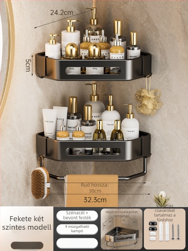 Yijie 6104 Falra szerelt háromszög fürdőszobai tároló, sarokban elhelyezhető, lyukmentes, felület: magas hőmérsékletű lakkozás