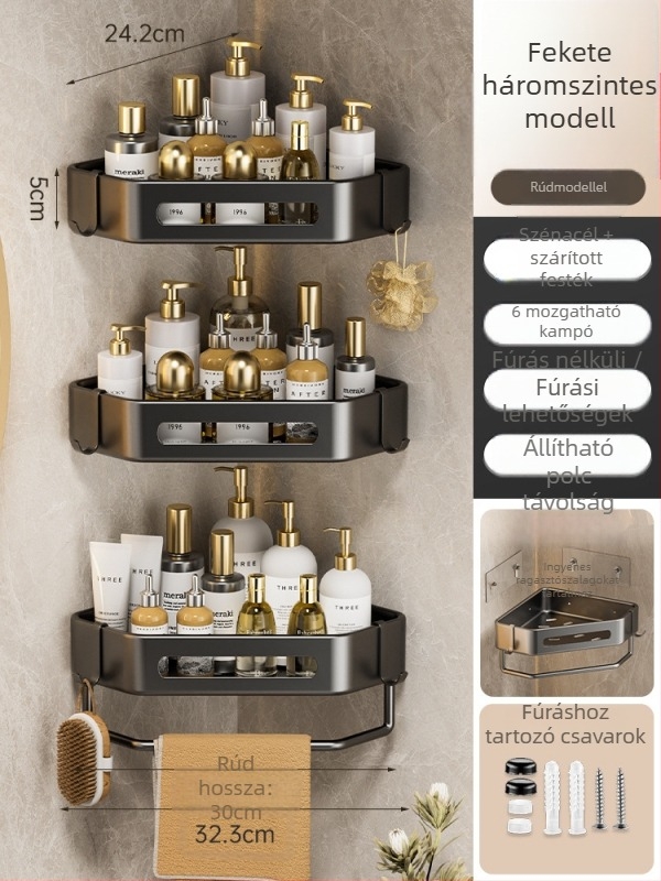 Yijie 6104 Falra szerelt háromszög fürdőszobai tároló, sarokban elhelyezhető, lyukmentes, felület: magas hőmérsékletű lakkozás