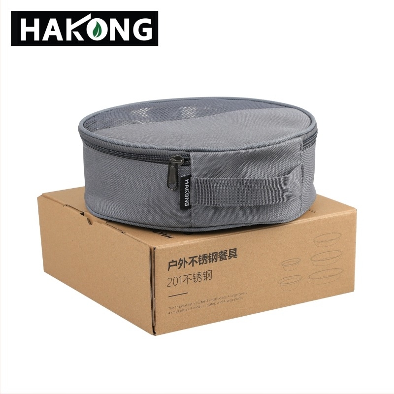 Harlem HALIN Kültéri kempinges rozsdamentes acél étkészlet, 18 darab, hordozható 4+ fő részére, 10 tányér és 8 tál