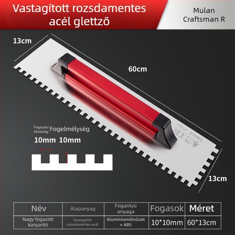 Fogazott rozsdamentes acél glettvas horonyával és négyzet alakú fogakkal csempefelrakáshoz