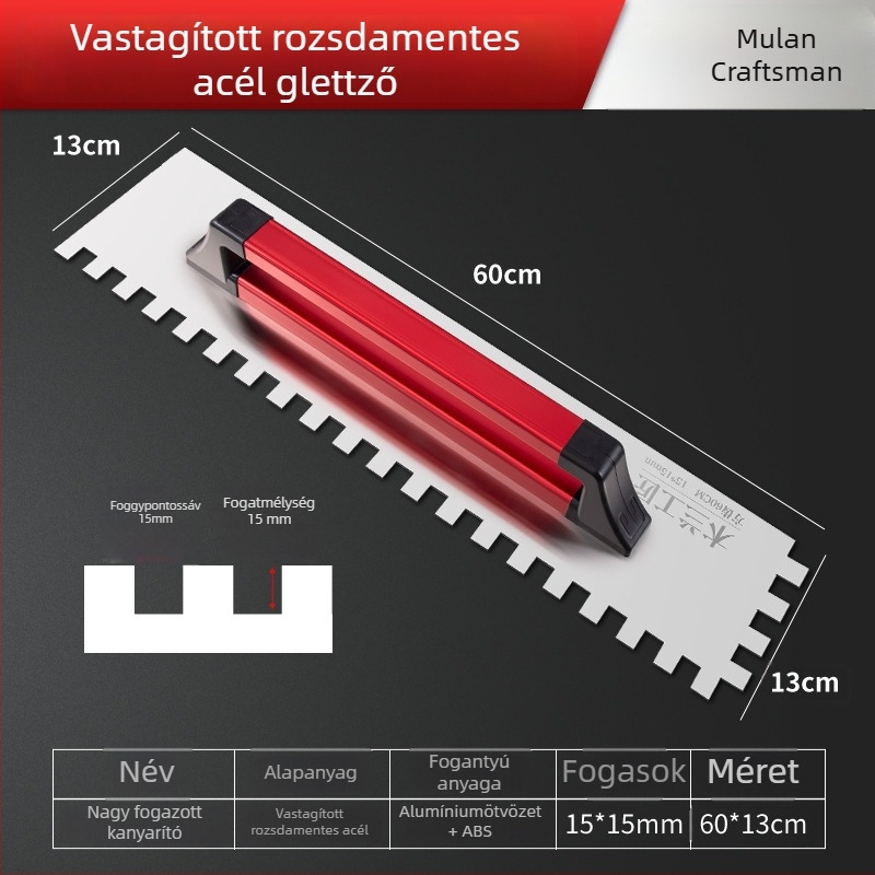 Fogazott rozsdamentes acél glettvas horonyával és négyzet alakú fogakkal csempefelrakáshoz